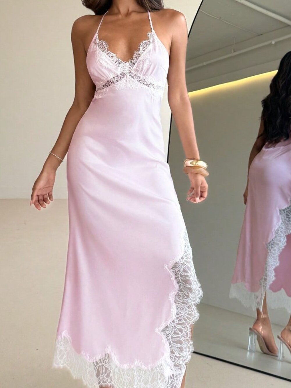 Baby Pink V-Neck Halter Tie Women's Satin Lace Dress - Picture 7 of 9